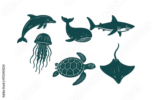 Ocean wildlife sketch: dolphin, jellyfish, turtle, shark, whale, stingray illustrations.Colorful icons set illustrated