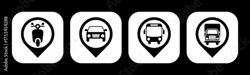 Transportation and Pin icon set illustration vector. Motorcycle, Car, Bus, Truck, with location sign and symbol.