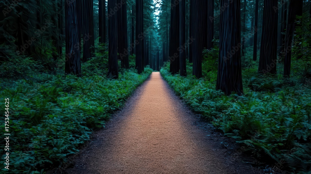 Fototapeta premium Lanternlit trail through dusk sequoia forest, mystery and wonder concept