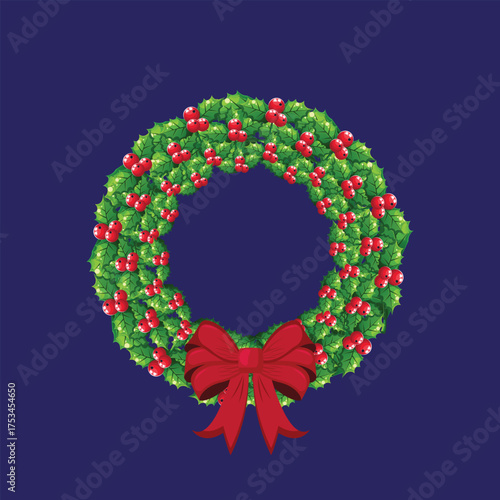 Christmas holly berry wreath with red bow vector illustration.