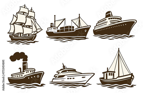 Vintage ship illustrations: historical vessels and modern boats collection.Colorful icons set illustrated
