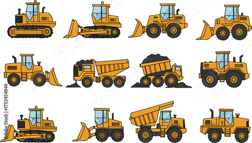 Set of yellow construction vehicles, bulldozers, excavators, dump trucks, heavy machinery, industrial equipment, engineering transport, earthmovers, and loaders illustration vector