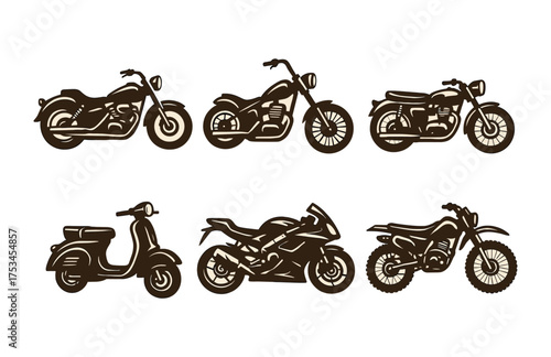 Vintage and modern motorcycles: cruiser, chopper, scooter, sportbike, dirt bike.Colorful icons set illustrated