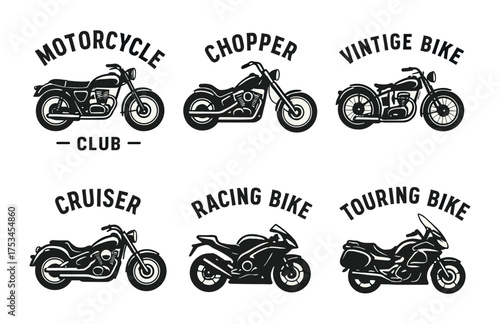 Vintage motorcycle club logos with chopper, cruiser, racing, and touring designs.Colorful icons set illustrated