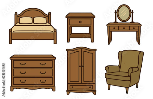 Collection of wooden bedroom furniture: bed, wardrobe, armchair, dresser, nightstand, vanity.Colorful icons set illustrated