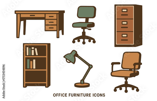 Office furniture icons: desk, chairs, lamp, bookshelf, filing cabinet.Colorful icons set illustrated
