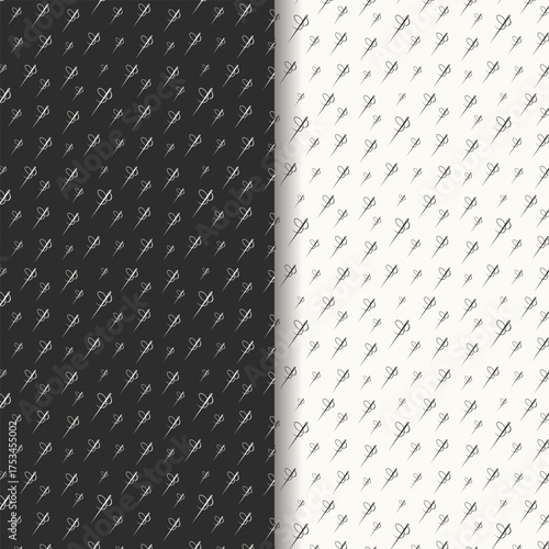 Sewing needle pattern black and white seamless vector illustration.