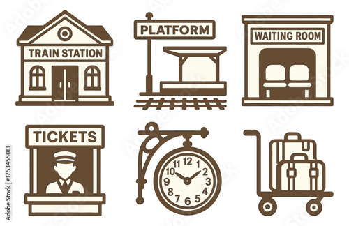 Train station elements: platform, tickets, clock, luggage cart, waiting room icons.Colorful icons set illustrated