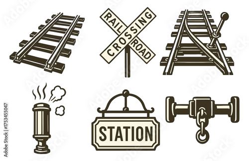 Vintage railroad icons: tracks, crossing signs, switch, whistle, station, coupler.Colorful icons set illustrated