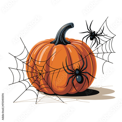 Vector art of a bright orange halloween pumpkin with two black spiders and intricate webs