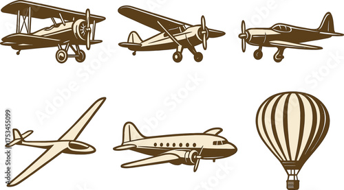 Vintage aircraft and hot air balloon illustrations in sepia tone.Colorful icons set illustrated