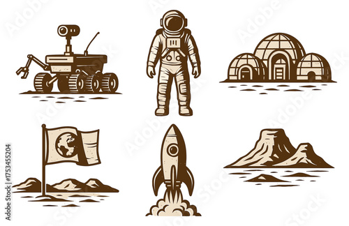Vintage space exploration with astronaut, rover, and rocket on mars.Colorful icons set illustrated