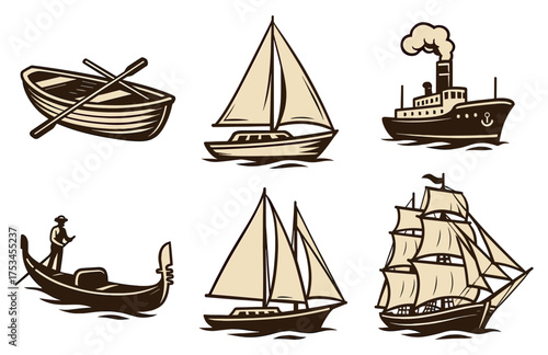 Vintage nautical vessels: rowboat, sailboat, steamboat, gondola, ship illustrations.Colorful icons set illustrated
