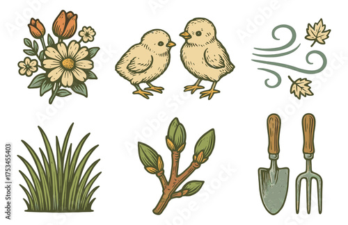 Spring elements: chicks, flowers, gardening tools, and nature illustrations.Colorful icons set illustrated