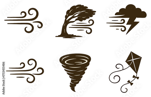 Wind symbols: tree, cloud, tornado, kite, and breeze icons collection.Colorful icons set illustrated