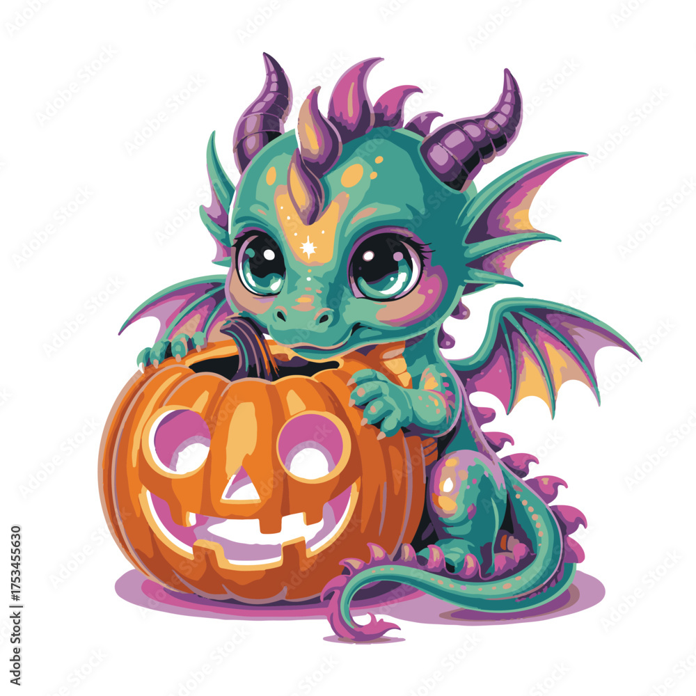 Naklejka premium Vector art of adorable baby dragon with big eyes and horns, sitting behind a carved pumpkin, with vibrant teal and purple scales