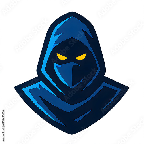 Mysterious blue hooded figure with glowing yellow eyes