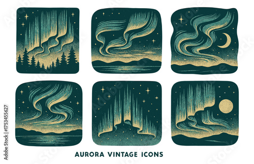 Vintage aurora icon set with northern lights and starry sky.Colorful icons set illustrated