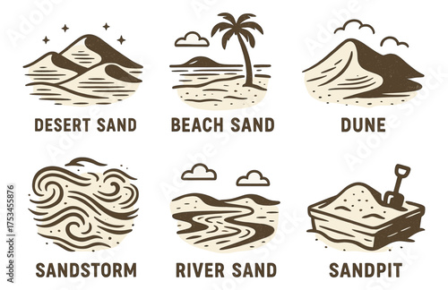 Illustrated desert and beach scenes with sand variations.Colorful icons set illustrated