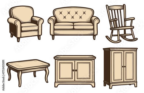 Vintage furniture set: armchair, sofa, rocking chair, table, cabinet, wardrobe.Colorful icons set illustrated
