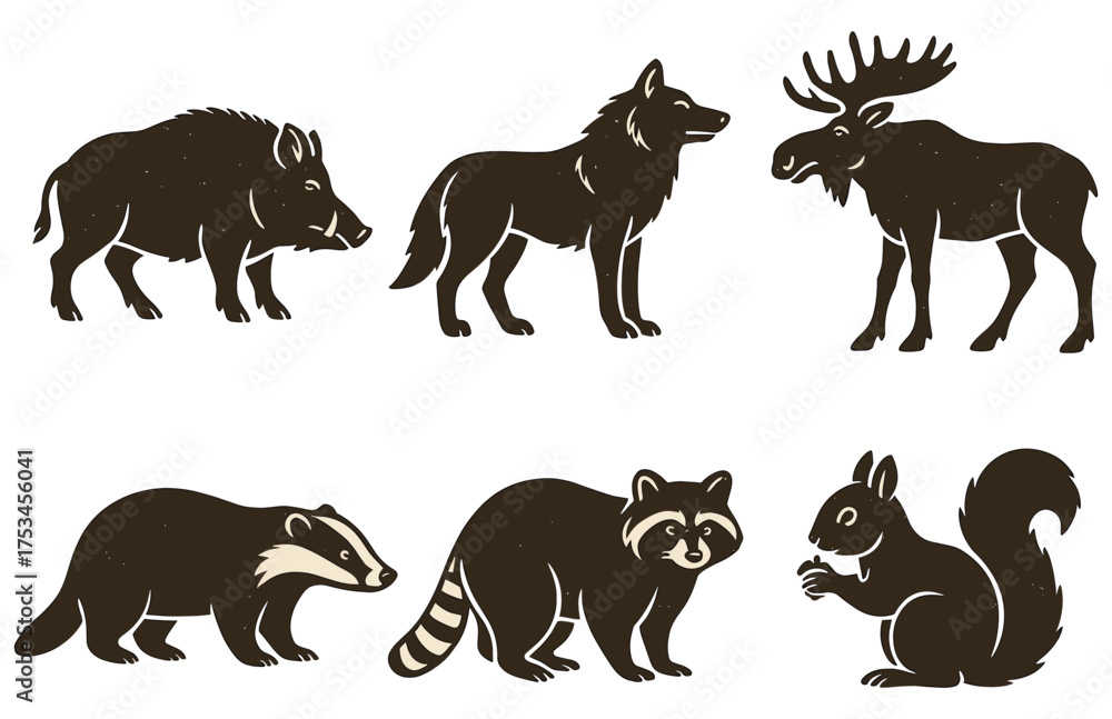 Obraz premium Silhouette collection of wild animals: boar, wolf, moose, badger, raccoon, squirrel.Colorful icons set illustrated