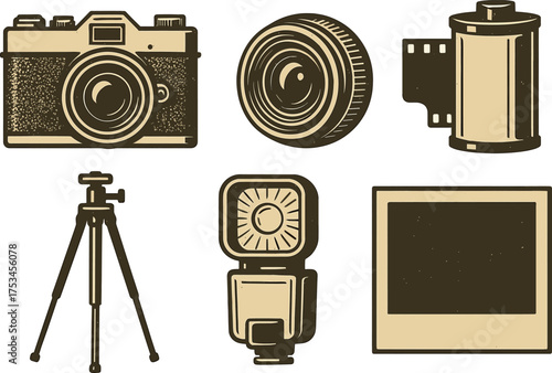 Vintage camera equipment collection: camera, lens, film, tripod, flash, photo frame.Colorful icons set illustrated