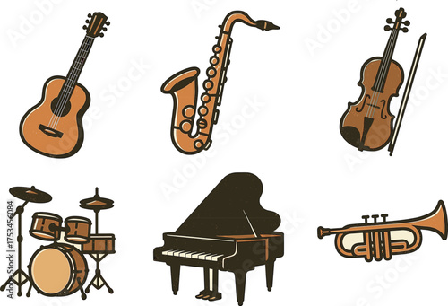 Acoustic instruments collection: guitar, saxophone, violin, drums, piano, trumpet.Colorful icons set illustrated