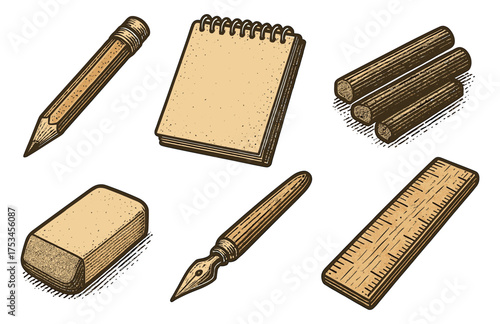Vintage stationery set with pencil, notebook, fountain pen, ruler, and eraser illustration.Colorful icons set illustrated