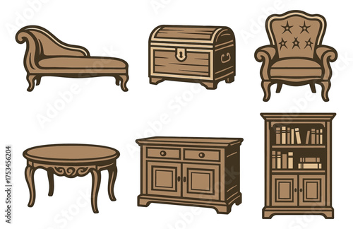 Vintage furniture icons: chaise lounge, armchair, chest, table, sideboard, bookshelf.Colorful icons set illustrated