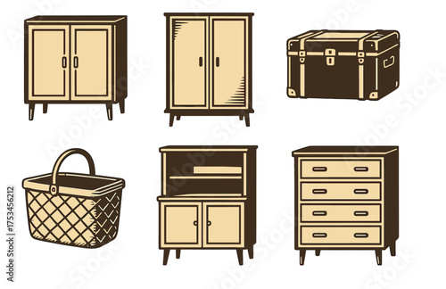 Vintage furniture collection: cabinets, chest, basket, and drawer set.Colorful icons set illustrated