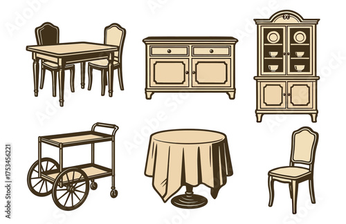 Vintage dining room furniture collection: tables, chairs, and cabinets.Colorful icons set illustrated