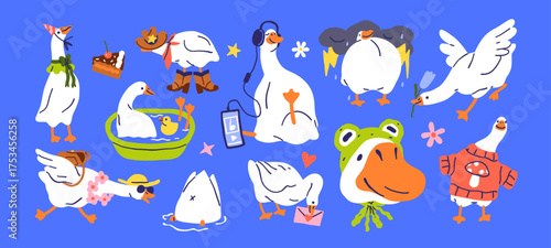Cute geese set. Funny white duck listens to music with headphones, travels on summer vacations, bathing and smiles. Happy poultry, farm bird, animal has fun. Flat isolated vector illustrations.