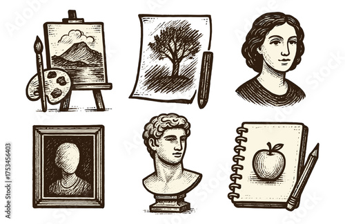 Art tools and classical portraits: sketches of easel, canvas, sculpture, and pencil drawings.Colorful icons set illustrated