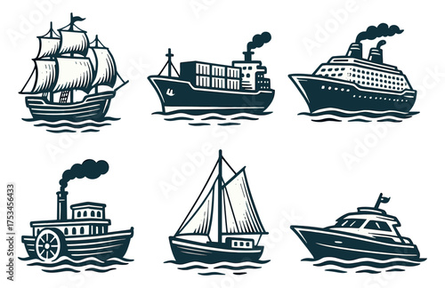 Illustrated nautical vessels: sailing ships, cargo, and cruise liners.Colorful icons set illustrated