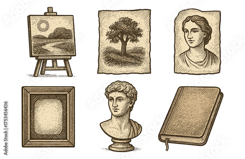 Vintage art sketch collection: canvas, portraits, and sculptures in antique style.Colorful icons set illustrated