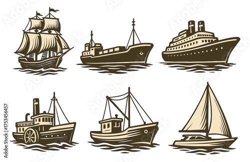 Collection of vintage and modern ship illustrations featuring varied boat designs.Colorful icons set illustrated