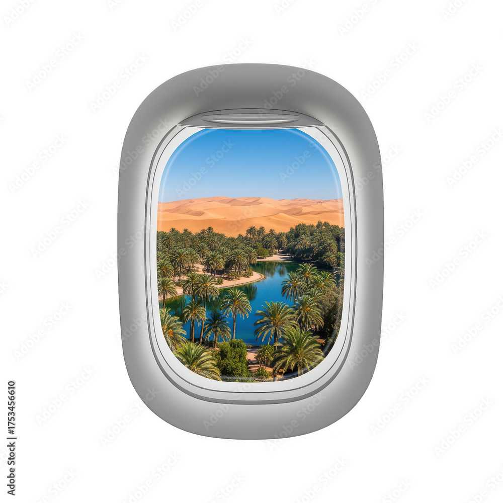 Fototapeta premium Oasis View from Airplane Window: Travel and Adventure