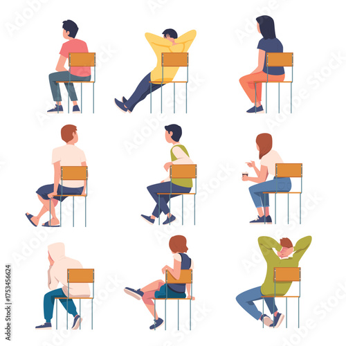 Man and Woman Sitting on Chair with His Back Vector Illustration Set