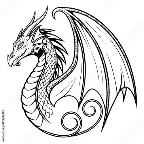 A majestic detailed illustration of a winged dragon rendered with vibrant colors and intricate linework perfect for fantasy themes and mythical creature designs