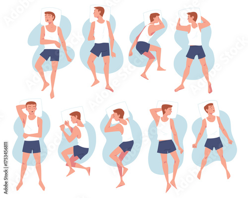 Sleeping Man Character Lying in Different Pose with Pillow Vector Set
