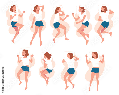 Sleeping Woman Character Lying in Different Pose with Pillow Vector Set