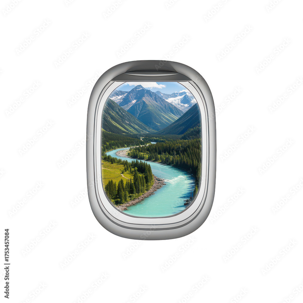 Fototapeta premium Mountain River View from Airplane Window, Travel Destination