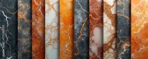 Panel kuchenny z motywem Various colorful marble slabs with veins arranged side by side. Textures show grey white orange and brown natural stone patterns. Luxury materials for interior decor.