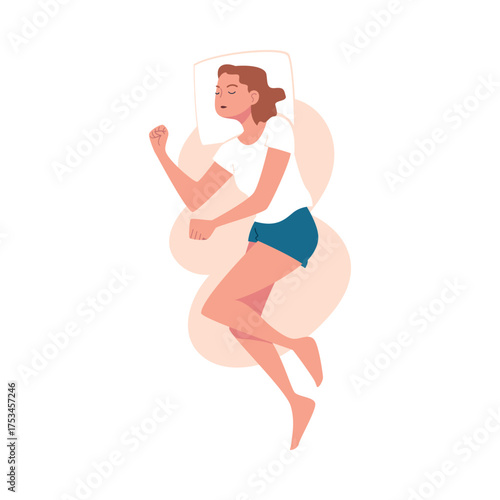 Sleeping Woman Character Lying in Pose with Pillow Vector Illustration