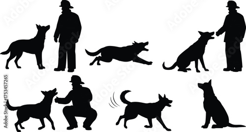 Dog silhouettes with people interaction, pet training, running dogs, sitting dogs, companionship, animal behavior, black vector illustration, isolated design