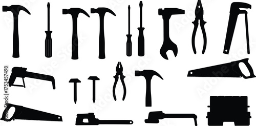 Silhouette hand tools collection, hammer, screwdriver, wrench, pliers, saw, drill, chisel, mallet, carpentry, construction, repair, maintenance, hardware, equipment, black icons set