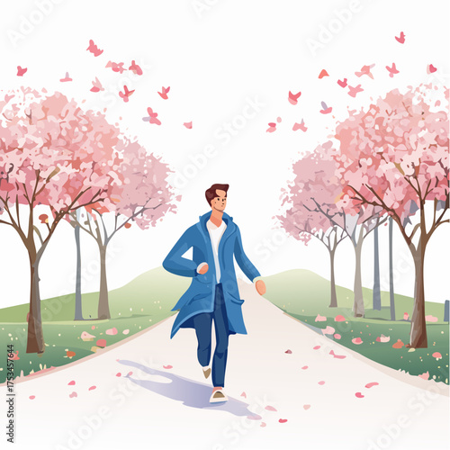 Spaziergang im Frühling mit wehenden Blütenblättern