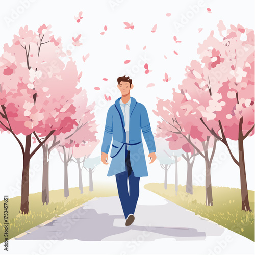 Spaziergang im Frühling mit wehenden Blütenblättern