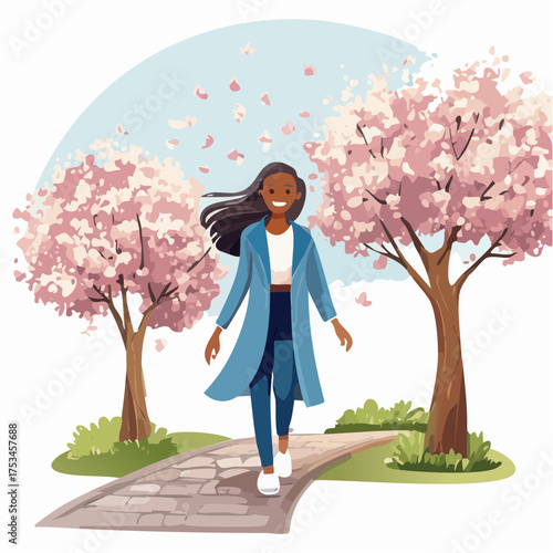Spaziergang im Frühling mit wehenden Blütenblättern