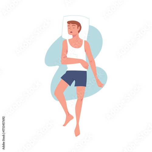Sleeping Man Character Lying in Pose with Pillow Vector Illustration
